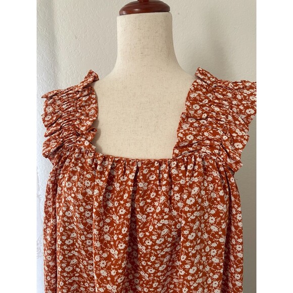 Entro Womens Ruffle Floral Sleeveless Blouse Size M Brown White Boho Cottagecore - Picture 4 of 8